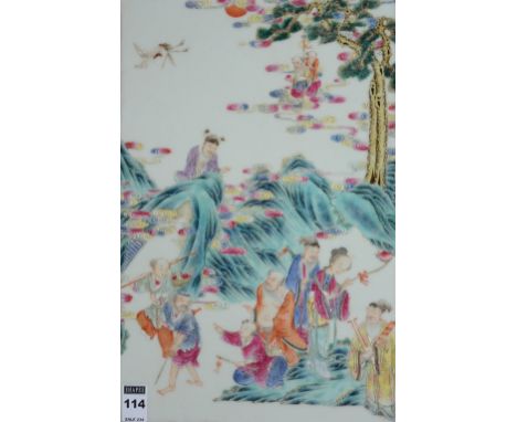 A Chinese ceramic panel, painted with colourful figures in foliage, in hardwood frame, 24 x 36cm CONDITION REPORT: Lot 114 - 