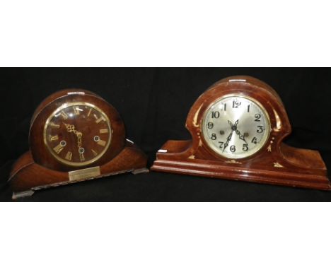 A 1920's inlaid mantel clock, striking on a gong and a similar oak-cased clock with Westminster chimes