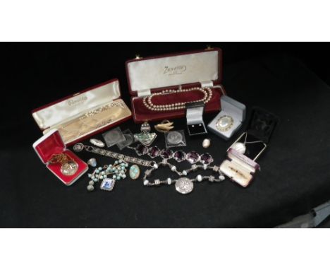 A pair of gold-set white stone ear studs, cased and a number of other jewellery items including collectors coins and an ameth