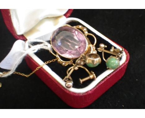 A pair of turquoise and seed pearl drop earrings and an amethyst and seed pearl gold-set brooch (2)