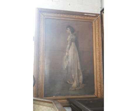 A 19th century full length portrait of a woman facing to the side wearing an empire-line dress, oil on canvas