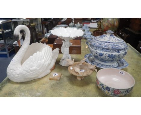 A large 19th century blue and white tureen on stand with cover, marked 'Semi China, Dresden', together with a Poole dish, a c