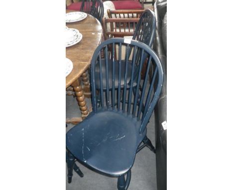A set of four blue painted Windsor chairs and three similar stick-back Windsor chairs (7)