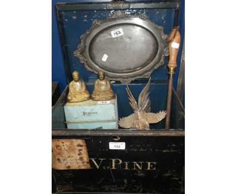 A tin trunk containing a quantity of assorted plated wares and other similar items