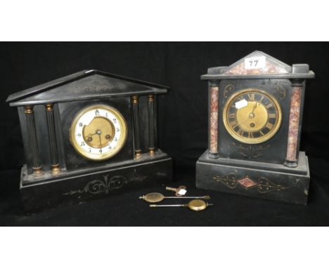 A Victorian slate mantel clock with black chapter ring and coloured marble embellishments, together with another similar exam