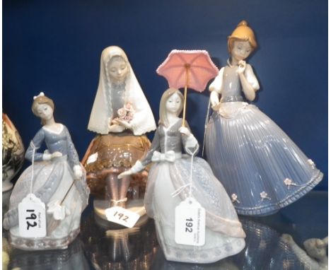 A Lladro figure of a young woman, with umbrella and three similar figures