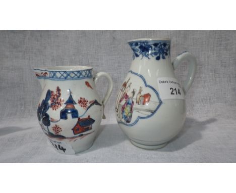 A small Worcester style 'sparrow-beak' jug with bellied body, decorated with Oriental style buildings and another similar