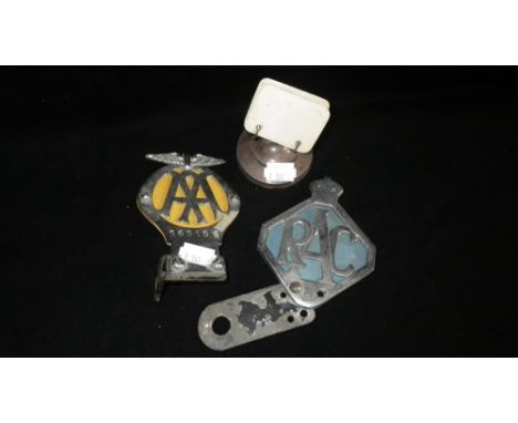A vintage AA car badge and similar RAC badge and other items