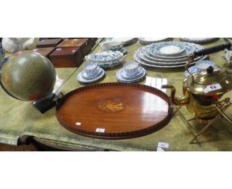 An Edwardian oval tray inlaid with musical trophy, a Victorian brass spirit kettle on stand and a mid-20th century Phillips 1