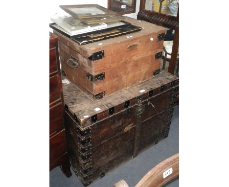 A 19th century metal bound pine trunk and another smaller