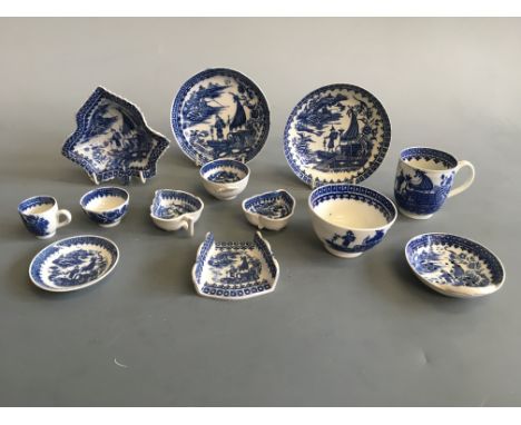 Various 18th/19th century blue white ware to include Caughley ‘Fisherman’ pattern pieces, four marked, including pickle leaf 