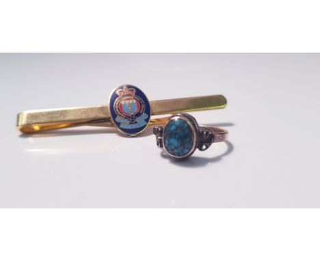 A blue mockled stone ring, ring size M, approx. weight 3 gms., a yellow metal tie pin. IMPORTANT: Online viewing and bidding 