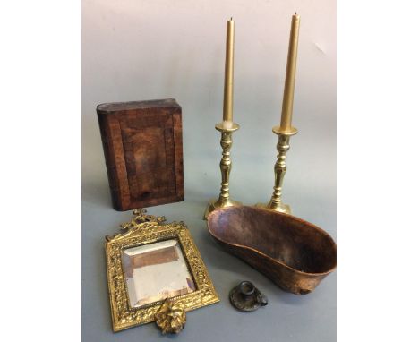 An oak bible box, carved bowl, small gilt framed mirror small candlestick holder and pair of candlestick holders. IMPORTANT: 