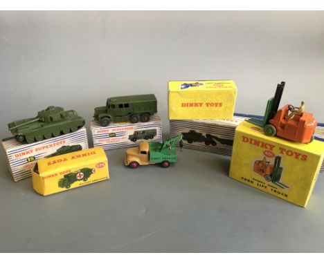 Dinky Toys 401 Forklift Truck, 430 Breakdown Lorry, 626 Military Ambulance, 651 Centurion Tank, 660 Tank Transporter and 689 