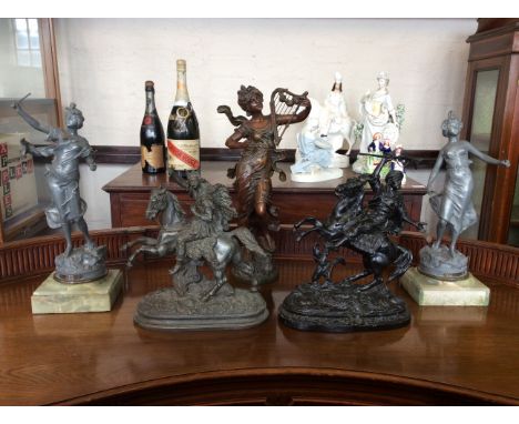 Five pewter sculptures, two on onyx bases depicting ‘Le Diabolo par Rousseau’, two depicting warriors on horses and one depic