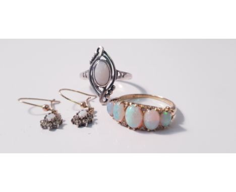 A lot to include, a hallmarked five stone opal ring, set with five graduated oval opal cabochons and diamond accents, with op