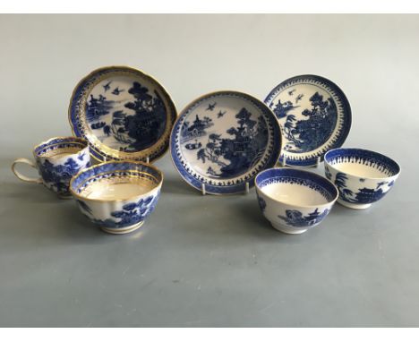 Seven Caughley Willow Nankin pattern pieces, two marked, including two bowls and saucer, one pair gilt rimmed, together with 