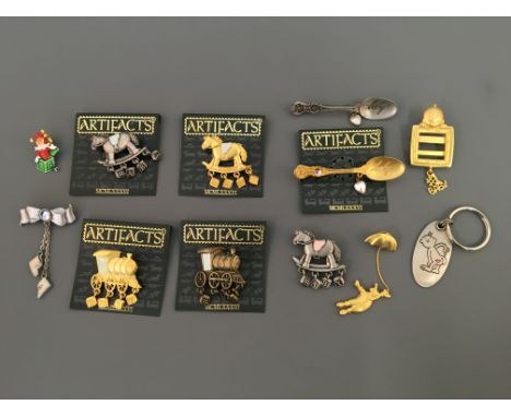 Nine Jonette Jewelry pin brooches, with two pin badges and a J Benton key ring, including. Clown, baby photo, spoons, toy tra