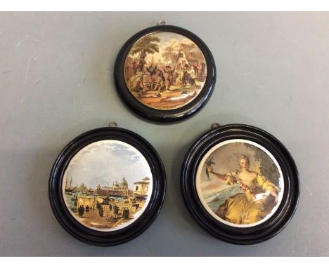 Three framed ceramic pot lids depicting Canalettos ‘The Quay of the Piazetta’, Teniers ‘The Village Wedding’ and female holdi