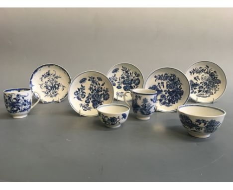 Late 18th century Caughley items to include ‘Fence’ pattern cup, bowl and two saucers, with two ‘Three Flowers’ pattern sauce