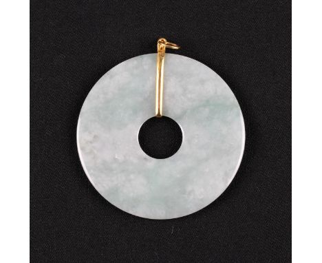 A green jadeite jade pi disc pendant, unmarked yellow metal mount, diameter approx. 5.2cm. IMPORTANT: Online viewing and bidd