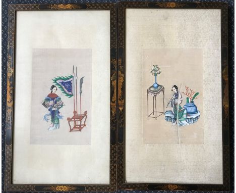 Two framed Chinese paintings on rice paper, depicting male warrior and female playing instrument, 57.5cm x 32cm, AF. IMPORTAN