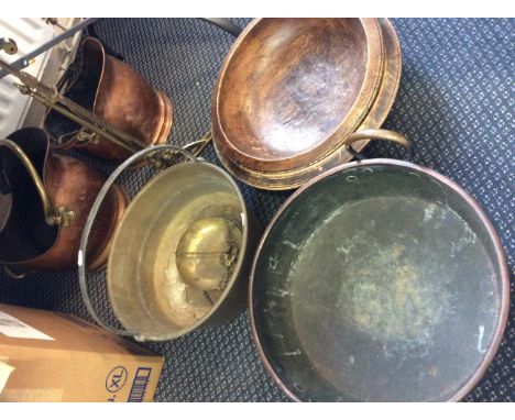 A jam kettle, two wooden bowls, weighing scales, two copper coal buckets and copper two handled pot. IMPORTANT: Online viewin