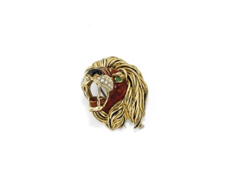 SPILLA IN SMALTO E DIAMANTI FRASCAROLO, CIRCA 1970 in oro giallo raffigurante una testa di leone in smalto policromo con diam