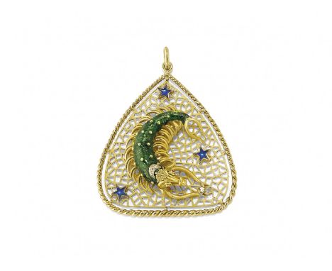 PENDENTE IN SMALTI E DIAMANTI FRASCAROLO, CIRCA 1970 in oro giallo di forma triangolare lavorata a traforo con segno zodiacal