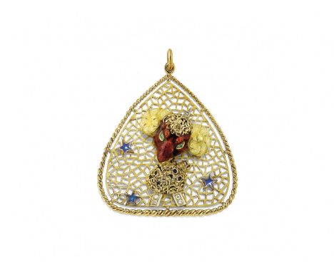 PENDENTE IN SMALTI E DIAMANTI FRASCAROLO, CIRCA 1970 in oro giallo di forma triangolare lavorata a traforo con segno zodiacal