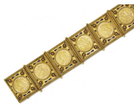 GRANDE BRACCIALE IN ORO, SMALTI E STERLINE, CIRCA 1960 con sei placche snodate in oro giallo decorate con fiorellini in smalt