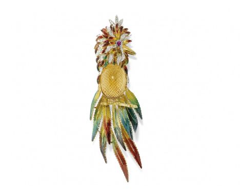 SPILLA IN SMALTO, QUARZO E DIAMANTI in oro giallo raffigurante un uccello tropicale con piume in smalti policromi, grande qua