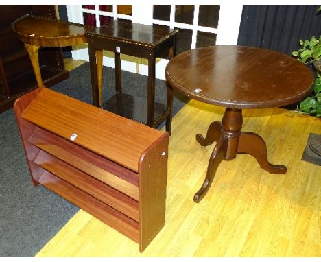 A mixed lot of occasional furniture, comprising of tripod table, walnut half moon table, occasional table and a set of open s