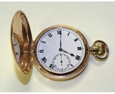 A 9ct gold full hunter pocket watch, the white enamel dial with Roman numerals and subsidiary seconds dial, 375 BB stamped to