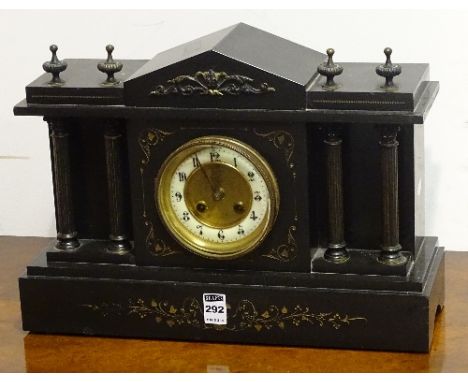 A late Victorian black slate Corinthian style mantel clock, with cream enamel dial, 29cm high x 40cm wide