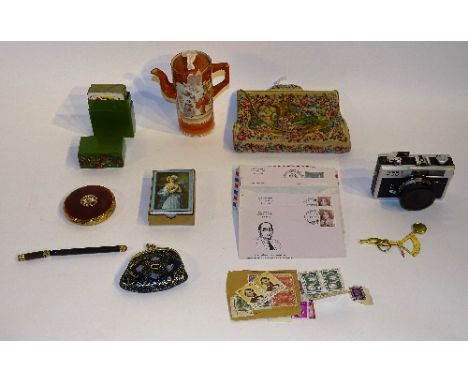 A quantity of collectables, to include pocket scales in pouch, evening bag, Japanese Kutani coffee pot, Ricoh 500G camera in 