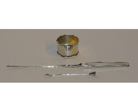 A silver letter opener, with combined penknife to handle, hallmarks for London 1969 SJR, with engine turned decoration to han