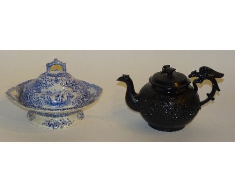 A Victorian blue and white dish with cover by Bells Pottery, in the Italian lakes pattern, 27cm wide, together with a basalt 