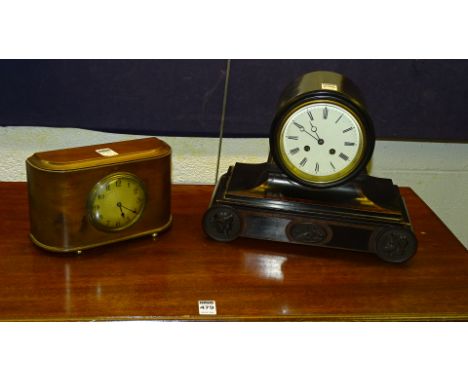 A Victorian ebonised and burr walnut drum head mantel clock, the white enamel dial with Roman numerals, 26cm high, also with 
