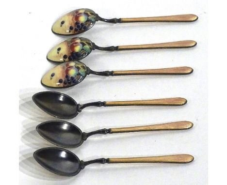 A set of six Royal Worcester fruit pattern silver and enamel coffee spoons, stamped 925 to stem, decorated with traditional p