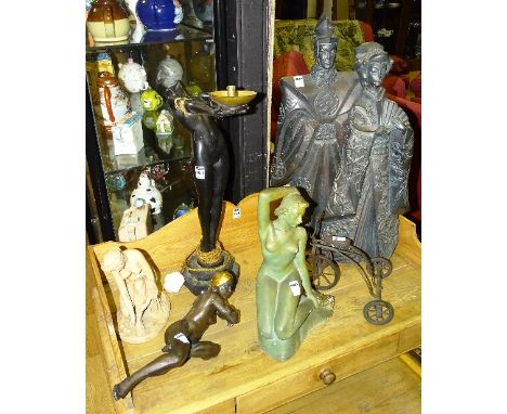A collection of various metal and composite figures, to include an Art Deco style lamp featuring composite figure of nude wom