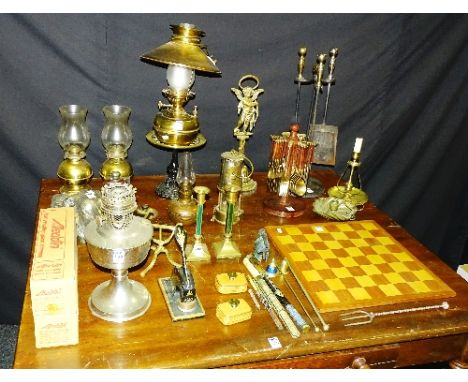 A miscellaneous group of brass and metalwares, to include an Oriental shagreen and bone chopstick set, two other similar chop