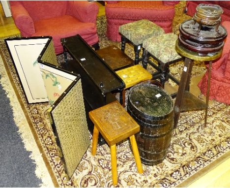 A collection of mixed furniture, to include boxed Oriental handpainted screen, various hardwood stands, an Eastern brass trip