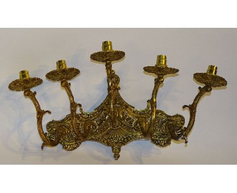 A brass five branch hall light, with heavily moulded foliate decoration, 59cm wide
