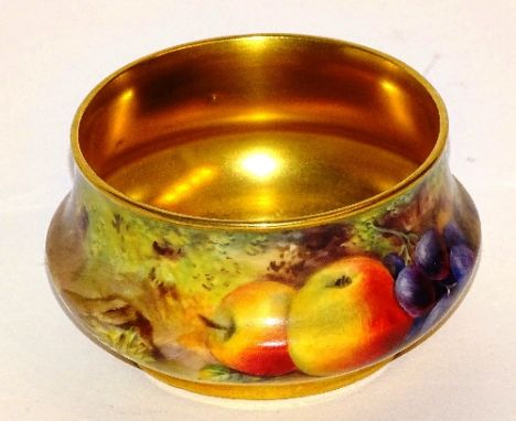 A Royal Worcester fruit pattern sugar bowl painted by Thomas Lockyer, decorated with typical apples, grapes and blackberries 