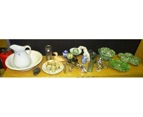 A miscellaneous collection of ceramics and glassware, to include large white glazed ewer and bowl, hedgehog figurines, glass 