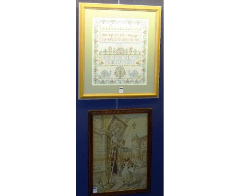 A 19th century tapestry, depicting artist and lady in street scene, 45 x 31cm, together with a modern alphabetical needlepoin