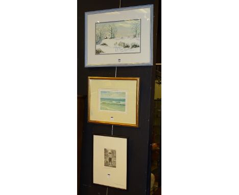 Tom Linton (20th Century)'In Winters' Grip'Watercolour, signed lower right, 24 x 37cm, together with various other etchings a