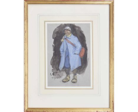 Mary Ethel Hunter (1878-1936) - Study of a first world war soldier, possibly French, standing wearing a blue trench coat and 