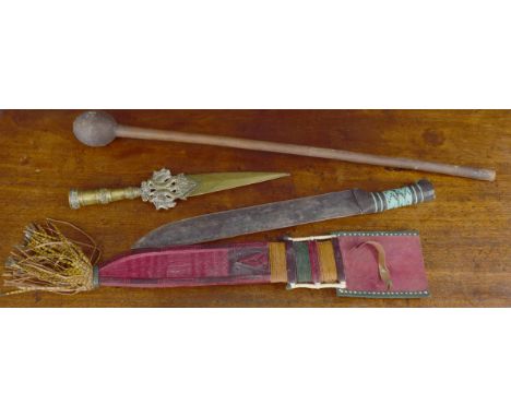 African hardwood knobkerrie, 33"; together with a brass ceremonial dagger 16" long and a machete type knife with wrapped hand